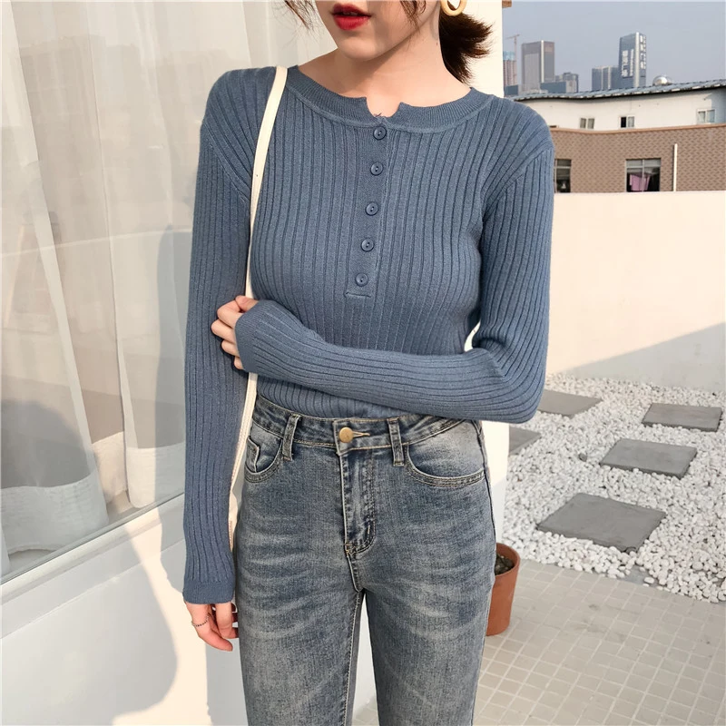 spring winter Slim fit long sleeve Wild pullovers knitted casual solid button o-neck Women's Clothing Korean style fashion brand | Женская
