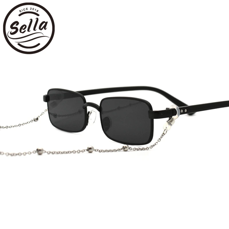 black with chain Sella Ins хит Ретро Модные женские мужские Квадратные Солнцезащитные очки Harajuku винтажные желтые оранжевые Красные линзы оправа из сплава очки - Цвет линз: black with chain