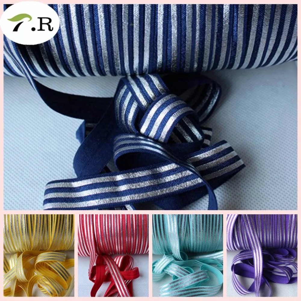 

14 colors 5/8" silver foil stripes fold over elastic, silver metallic stripe FOE elastic
