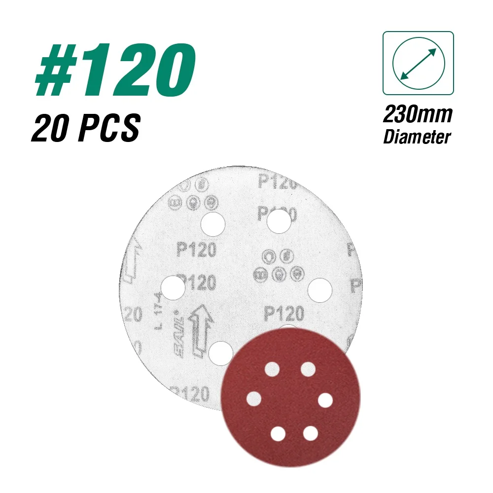 120grit 230mm 20pcs LANNERET 180 мм/225 мм Шлифовальные Диски наждачная бумага Ассорти отверстия 100/120/150/180/240/320 Грит для Электрический сухой настенный шлифовальный станок полировщик - Цвет: 120grit 230mm 20pcs