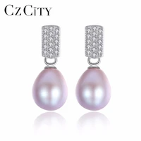 czcity brand charm 8 9mm pearl earring with zircon stone 925 sterling silver pearl drop wedding earrings for women fine jewelry