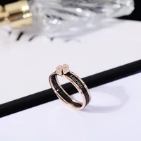 yun ruo new arrival fashion black flower two in one ring rose gold color woman titanium steel jewelry top quality never fade