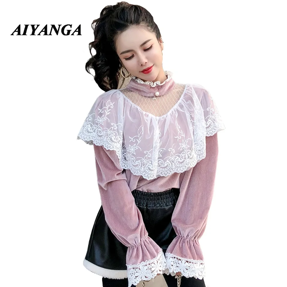 2019 New Spring Casual See Through Women Shirt Flare Sleeve Stand Collar Fashion Ruffles Lace Female Beading Velvet Blouse