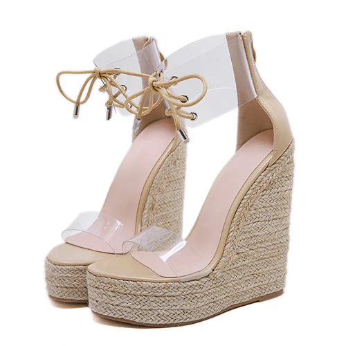 beige BYQDY/модные сандалии из пвх; женские прозрачные сандалии; Туфли на танкетке на высоком каблуке со шнуровкой; вечерние лодочки для ночного клуба; женская обувь; sapato; - Цвет: beige