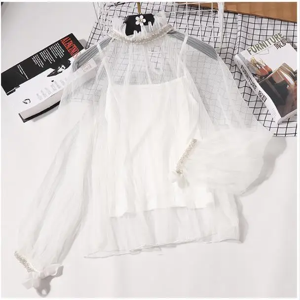 spring new turtleneck beading women blouse and shirts see-through gauze sexy lace ruffles lady elegant bottoming shirts