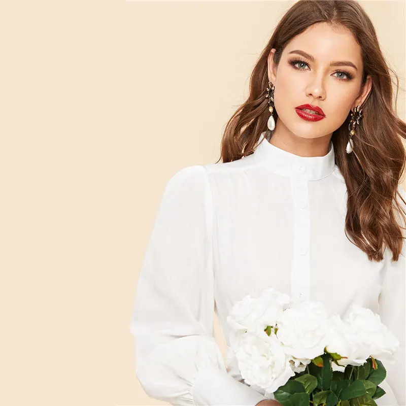 SHEIN Платье С Поясом И Оригинальным Рукавом Женское Весеннее Белое Классическое Платье С Длинными Рукавами И Стоячим Воротником