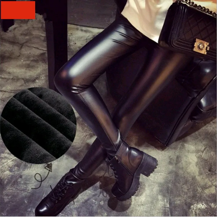 Женские кожаные леггинсы размера плюс теплые с высокой талией плотные бархатные