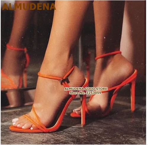 as picture ALMUDENA/розовые, неоновые, желтые, с эластичной лентой, на высоком каблуке, садалии с металлической пряжкой, украшенные модельные туфли-лодочки с эластичными ремешками на тонком каблуке - Цвет: as picture
