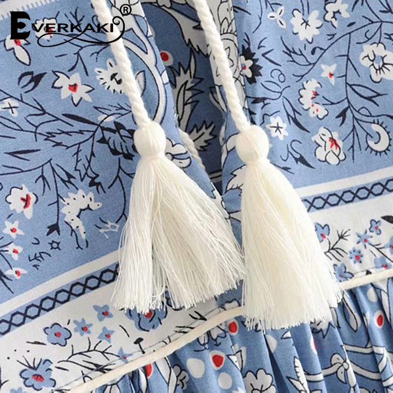 Everkaki Gypsy/длинное платье с принтом для женщин Boho кисточки длинным рукавом синее