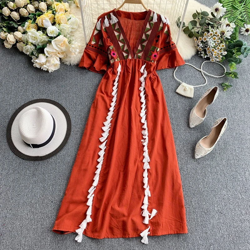 Платье женское с треугольным вырезом и кисточками геометрическим узором|Женские