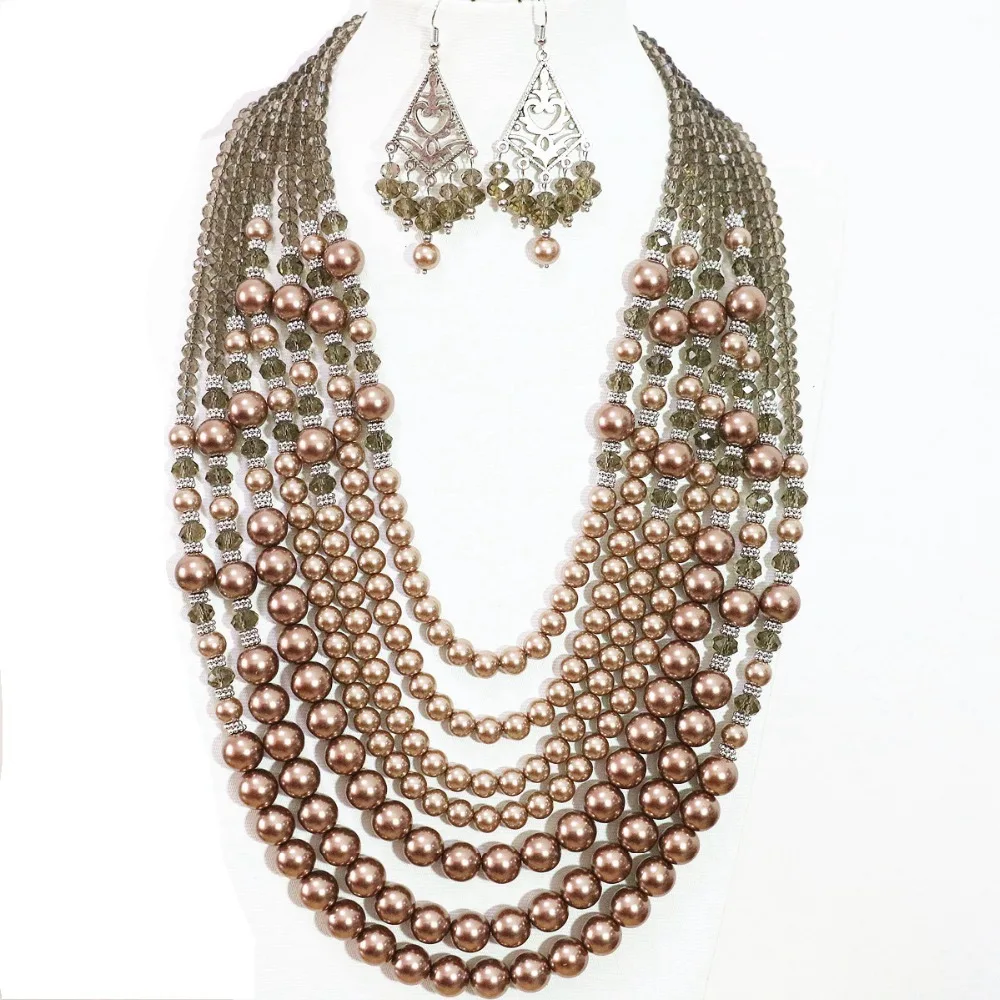 Мода 7 строк колье серьги шампанское Круглый Shell Имитация Перл Подвески партии