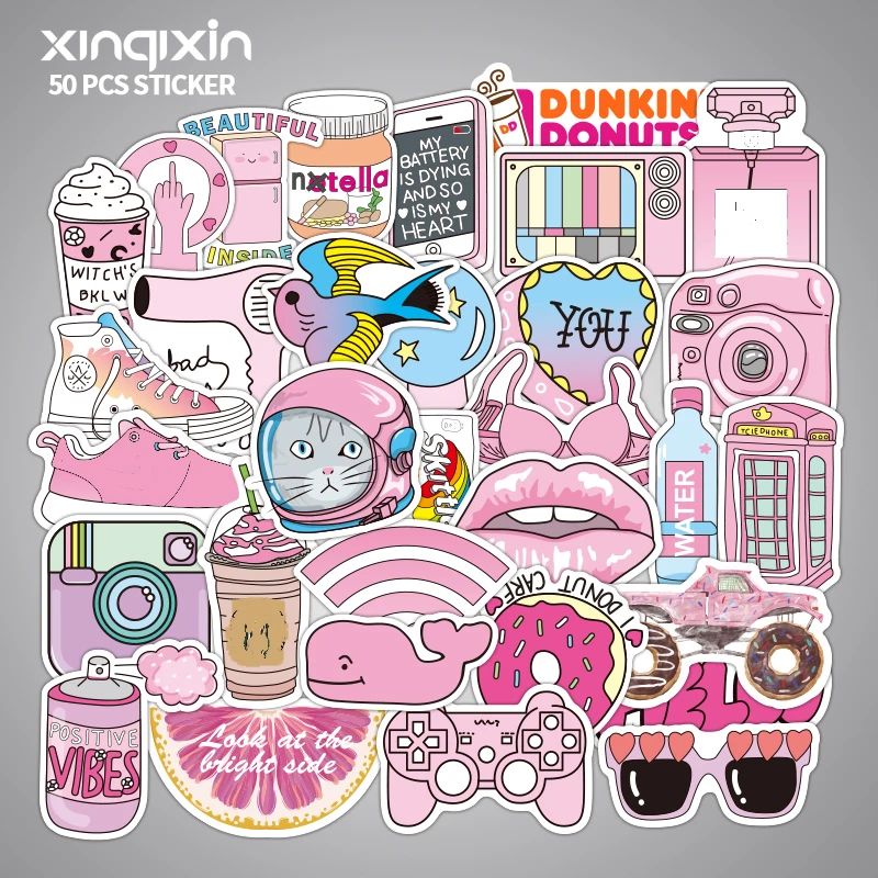 50pcs/pack Mini PVC Waterproof Pink Girls Fun Sticker toys for children For Moto Car& Suitcase Cool Fashion Laptop stickers