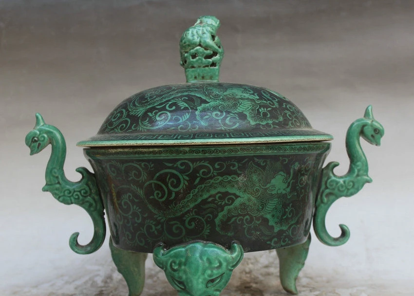 Китайский зеленый фарфор 3 ноги голова зверя Дракон ручка ладана горелки