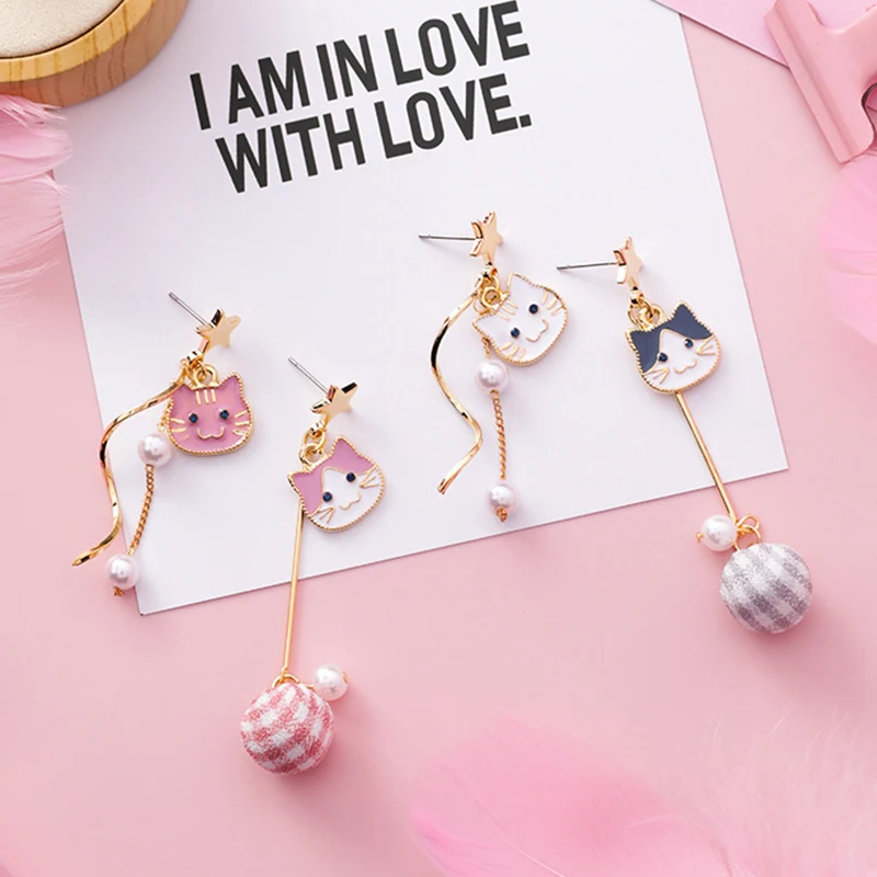 Милые модные Асимметричные висячие серьги с кошачьим жемчугом для девочек