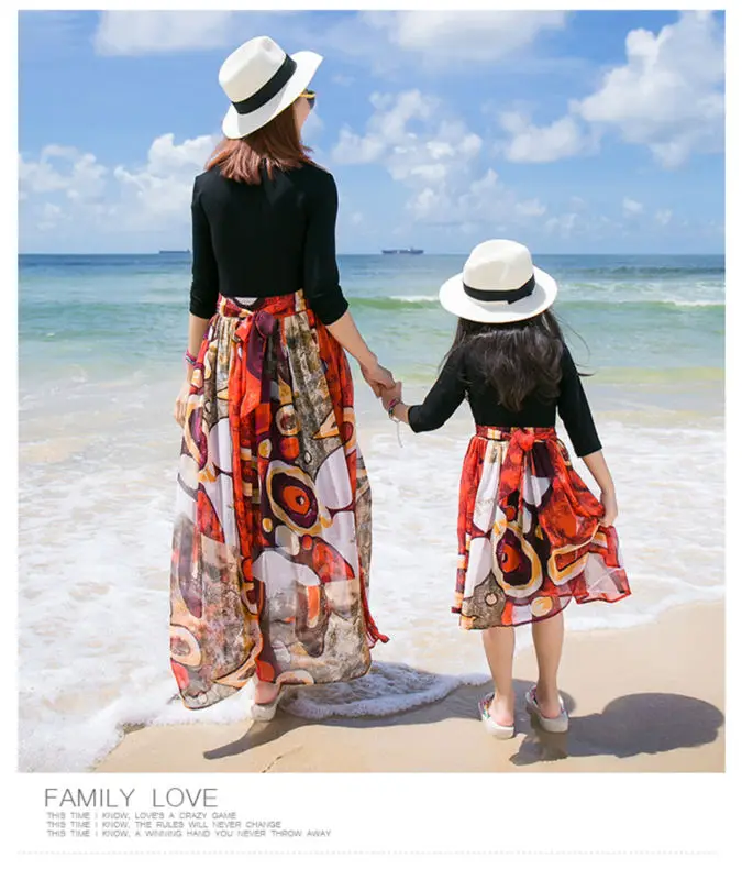 2017 платья для мамы и дочки богемные Семейные комплекты с длинными рукавами