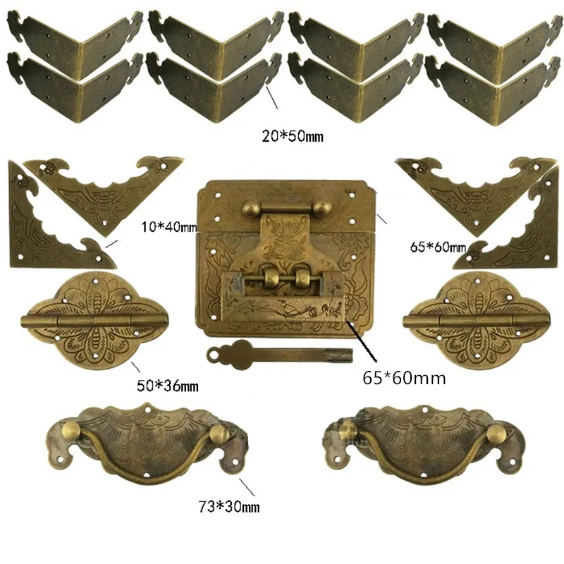 

retailChinese Vintage Brass Lock Set For For Wooden Box,Vase Buckle Hasp Latch Lock+ Hinge+Corner+Handle,Bronze Tone