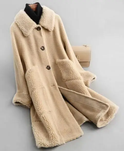 beige-camel ZiZhen Натуральная Овечья шерсть с отложным воротником однотонное длинное пальто весна осень Новая женская 190606-6,59327 - Цвет: beige-camel