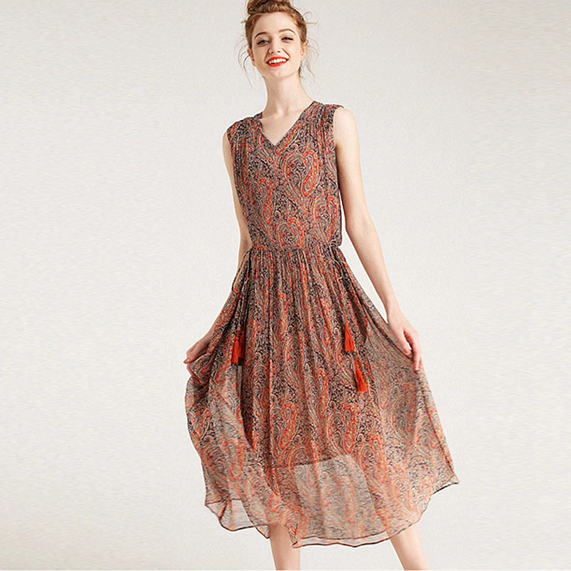 Женское длинное платье из 100% шелка плиссированное летнее в английском стиле с v