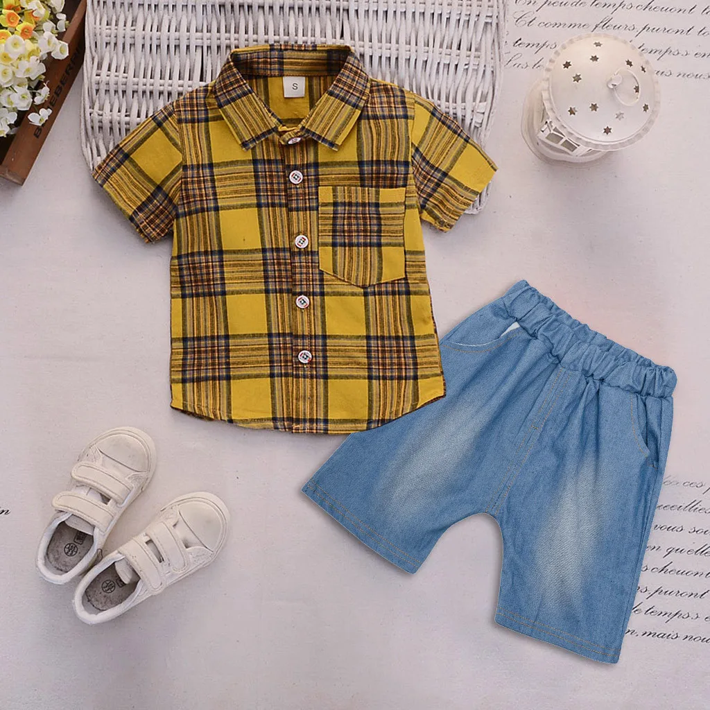 Infant Baby Girl Gentleman Plaid Shirt Print Solid Denim Shorts 2PC Set Outfits children clothing set toddler boy clothes | Детская