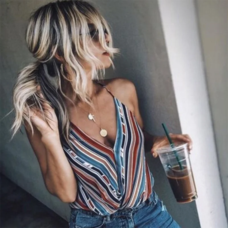 

Summer Sexy Tops Striped V Neck Top Vest Sleeveless Casual Loose Tank Tops Pullover Polyester Camis Wholesale Mujer Verano 2022