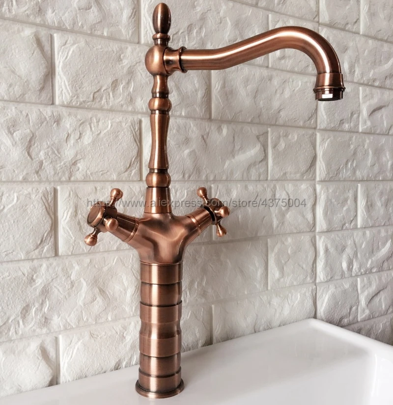 Античный смеситель для раковины в ванной комнате из красной меди с двойной