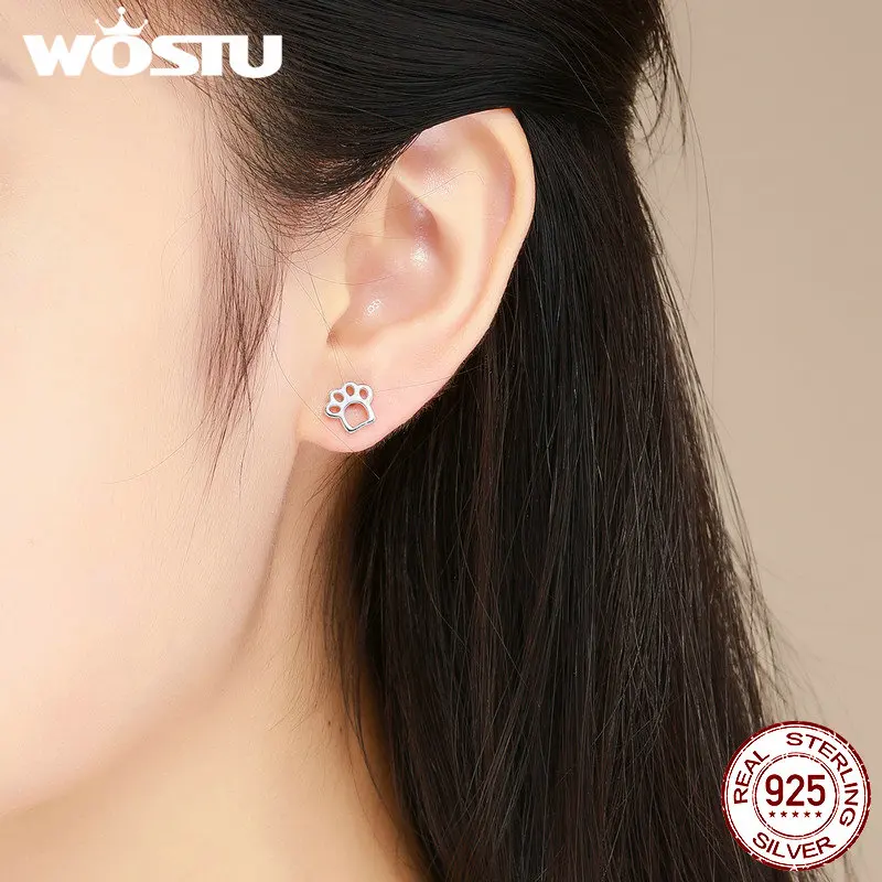 WOSTU 925 пробы серебряные серьги-гвоздики с милыми кошачьими следами для женщин подлинные серебряные ювелирные изделия прекрасный подарок pendientesCSE148