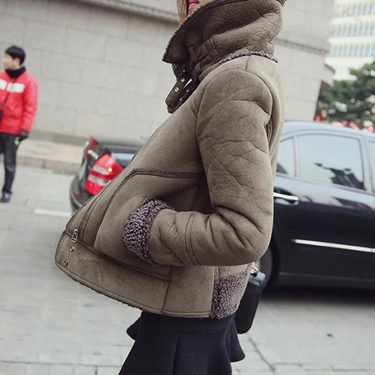 Женское теплое плотное замшевое пальто куртка с отложным воротником и длинным