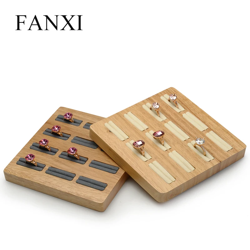 FANXI твердое дерево кольцо Дисплей Стенд 12 слотов кольцо держатель с микрофиброй вставка бежевый и темно серый ювелирные изделия лоток кольцо Органайзер