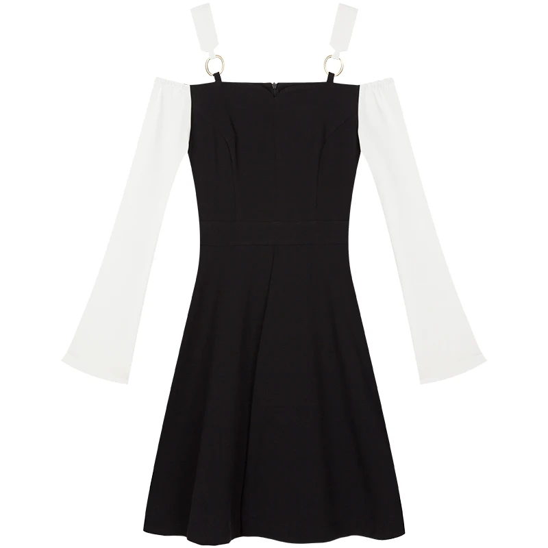 Женское платье на бретельках YIGELILA черное белое с открытыми плечами и рукавами