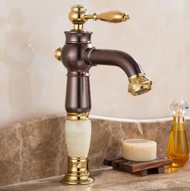 

New luxur Golden Brass Jade Body Bathroom Basin Faucet Deck Mount Countertop Mixer Tap Hot and cold water
