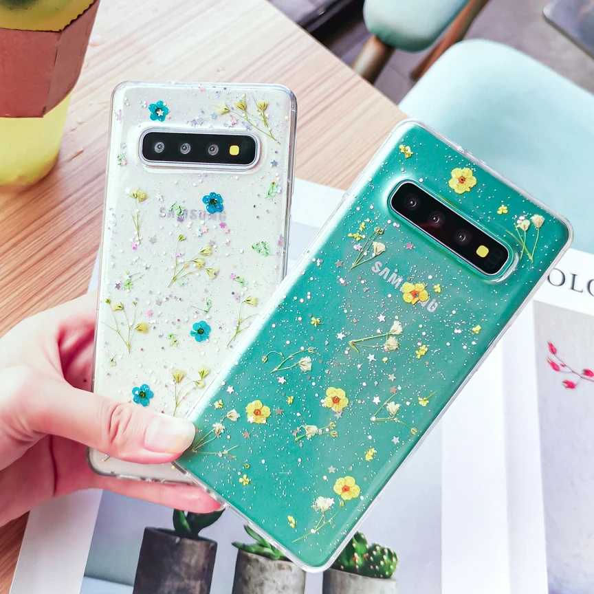 Прозрачные блестящие чехлы с высушенными цветами для samsung Galaxy S10 S9 Plus, прозрачные блестящие накладки на заднюю панель с настоящими цветами для Galaxy S9