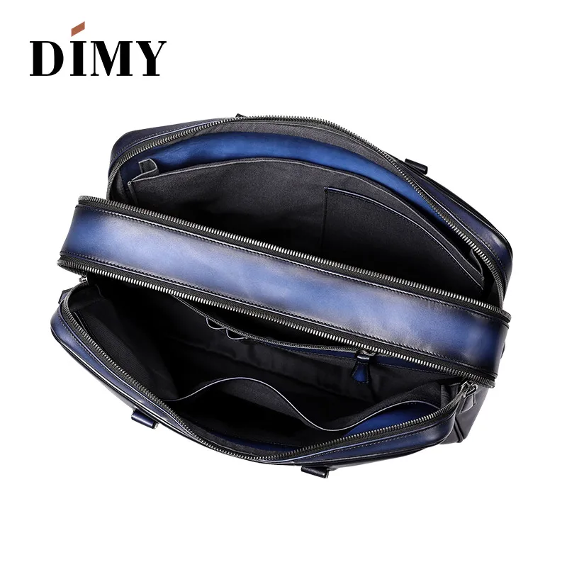 DIMY Hand Patina Vintage Briefcase Genuine Cow Leather Shoulder Bag Double Zipper Laptop Bags Business Case Travel Bag For Men