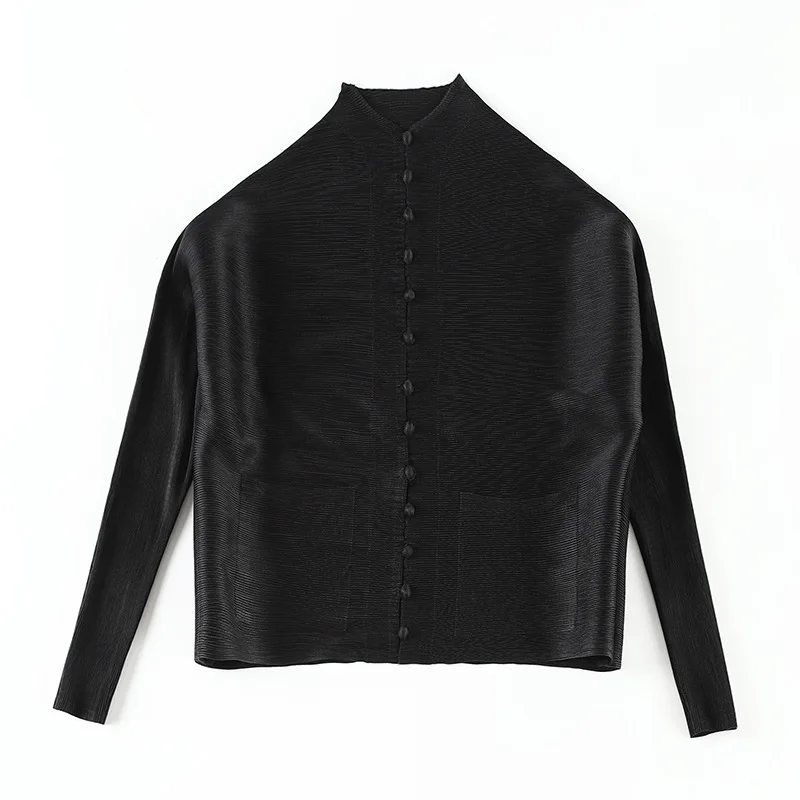 black Женская футболка размера плюс,, тянущаяся, Miyake, плиссированная, однобортная, свободная, одноцветная, с длинным рукавом, большой размер, футболки для 45-80 кг - Цвет: black