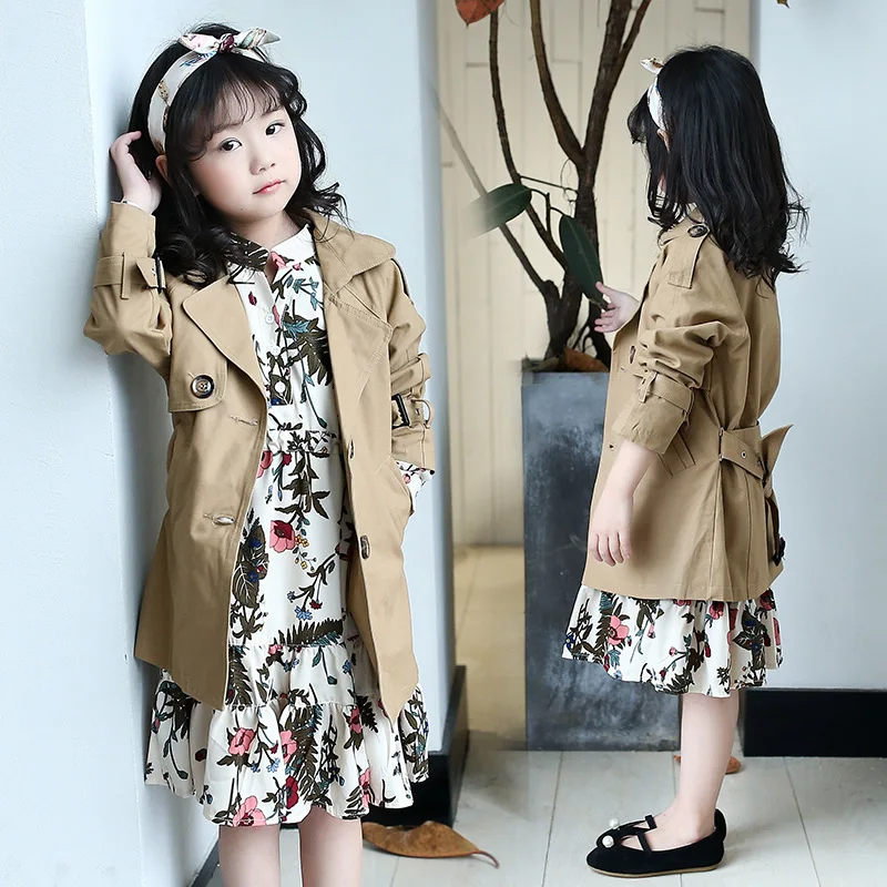 long autumn spring coat for girls 2018 khaki trend coats belt little teenage size 12 14 10 8 6 5 children clothing | Детская одежда и