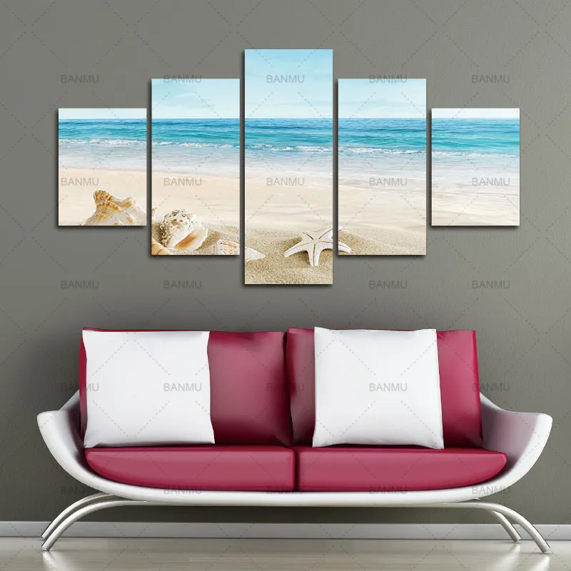 

Seashell Large Size 5 panels Seascape Giclee Canvas Prints on Modern Unramed Canvas Wall Art Sea Beach Pictures for Home Decor