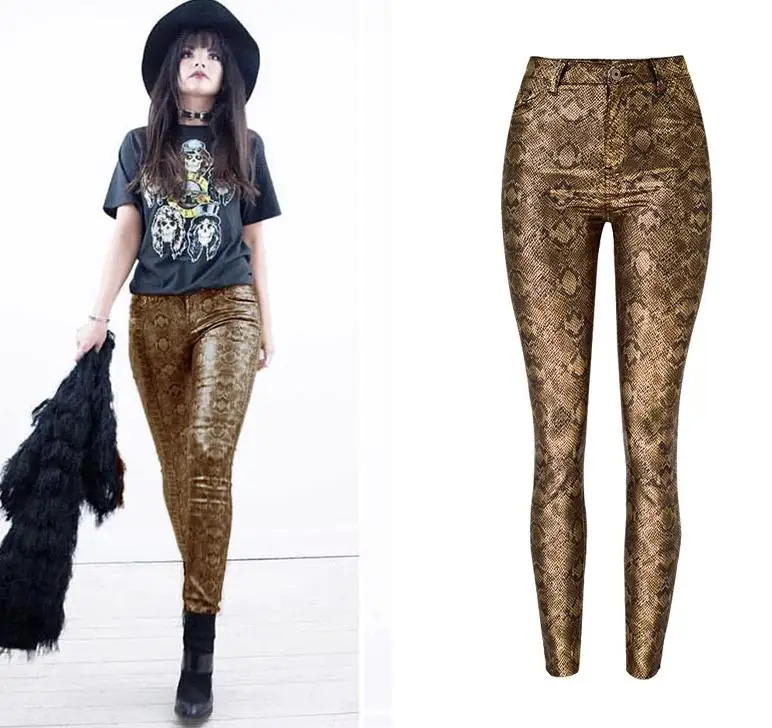 

Женские брюки из искусственной кожи, осенне-зимние брюки из искусственной кожи с высокой талией и золотым змеиным узором, 2019