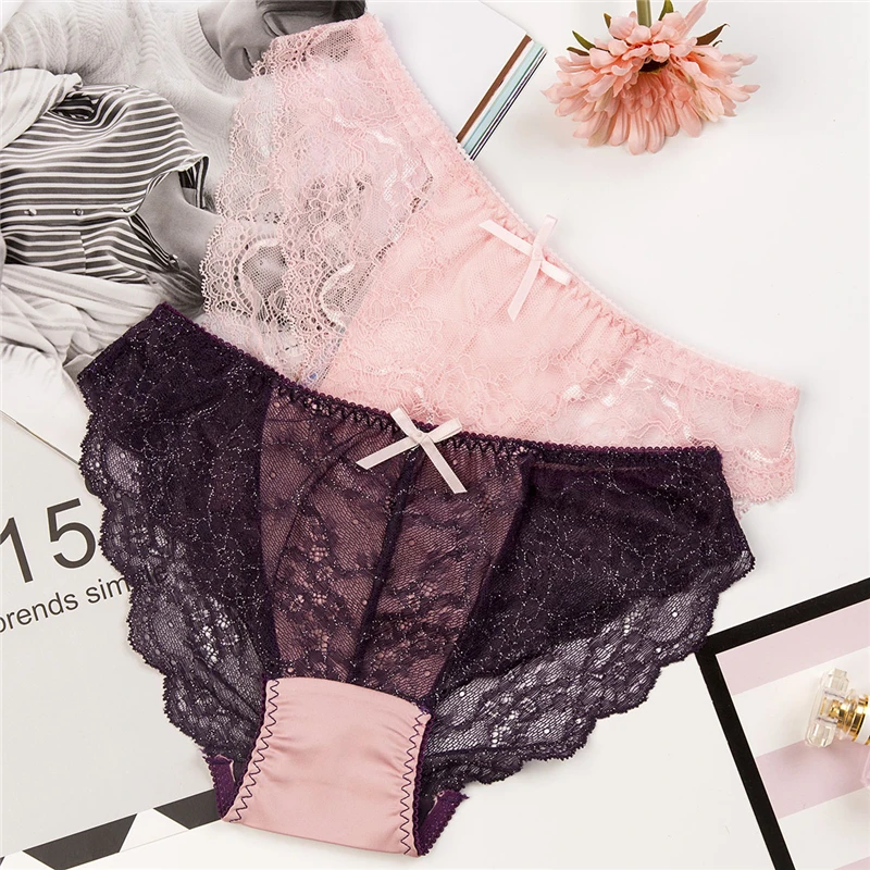 Sexy Underwear Women Lace Panties Elegant Black Bow Pink For Charm Ladies Cotton Crotch Sous Vetement Femme |