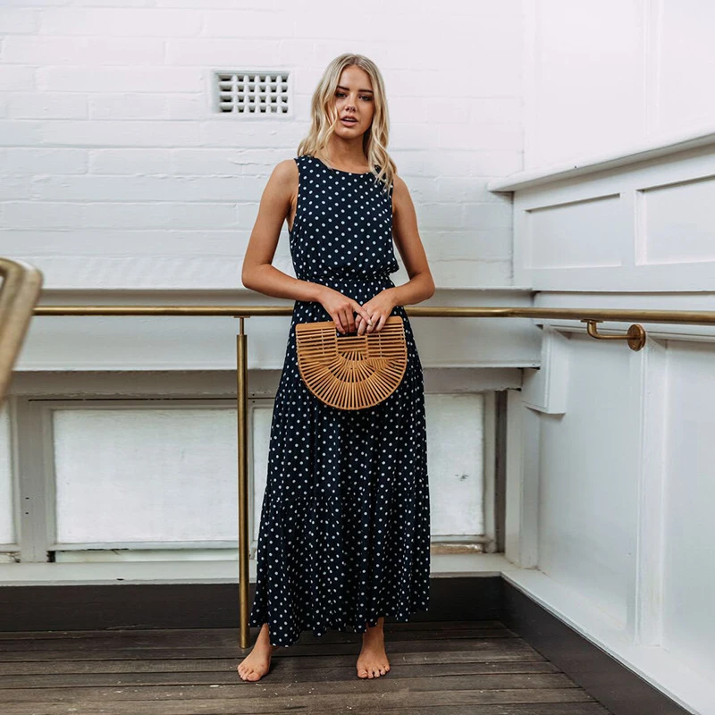 2018 г. модные летние Для женщин Винтаж Boho горошек платье с принтом без рукавов