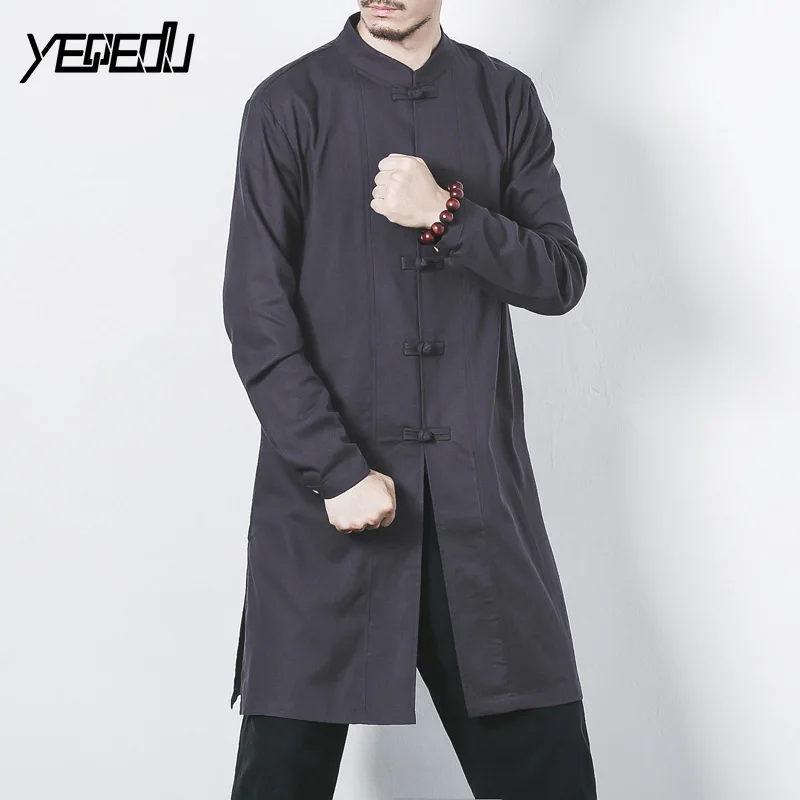 #2701 2018 White/Black Linen shirts men Fashion Extended Stand collar Single breasted Plate buckle Man high quality M-5XL | Мужская