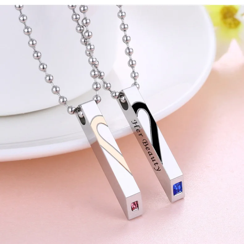 

Fashion One Pair Silver Color Necklaces For Women Heart Shape Men Necklace Pendants Couple Cubic Zircon Necklace Lover's