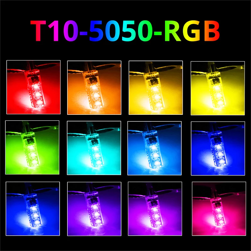 2x T10 W5W светодиодный огни автомобиля светодиодный лампы RGB 194 168 501 стробоскоп светодиодный светильник Лампы для чтения с пультом дистанционного управления Управление белого цвета-красный, желтый, 12V