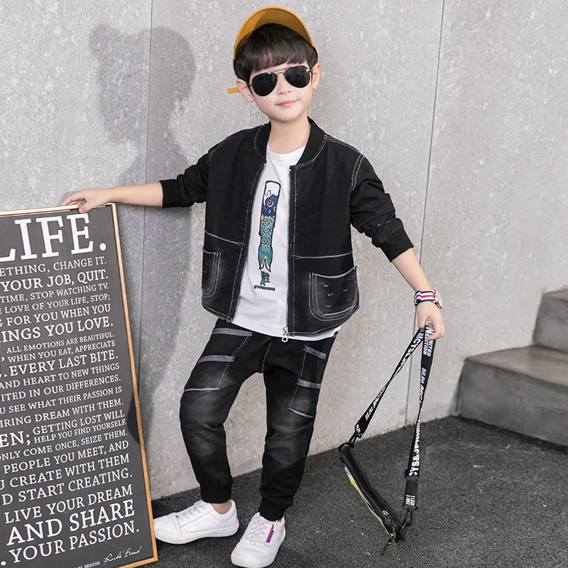 2pcs Black Boys Jacket & Jeans Clothing Set Boy Denim Outerwear Pants for 4 6 8 10 12 Year Old 2020 Kid Clothes 185008 | Мать и