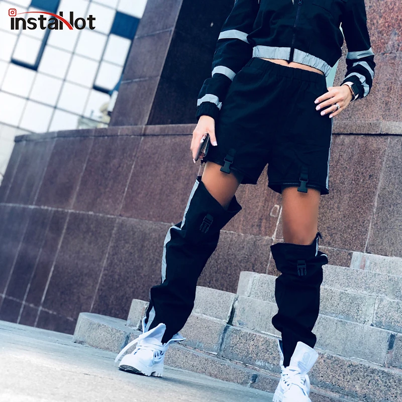 InstaHot женские Jogger штаны с пряжкой с полоской сбоку карго брюки для бега женские брюки с отверстиями свободные с эластичной талией отражающие легкие крутые уличные брюки повседневные