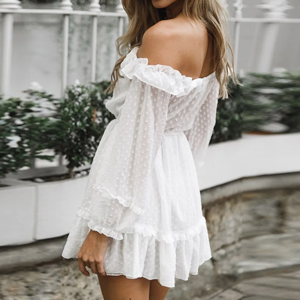 Женское платье с длинным рукавом однотонное белое вечернее мини вырезом