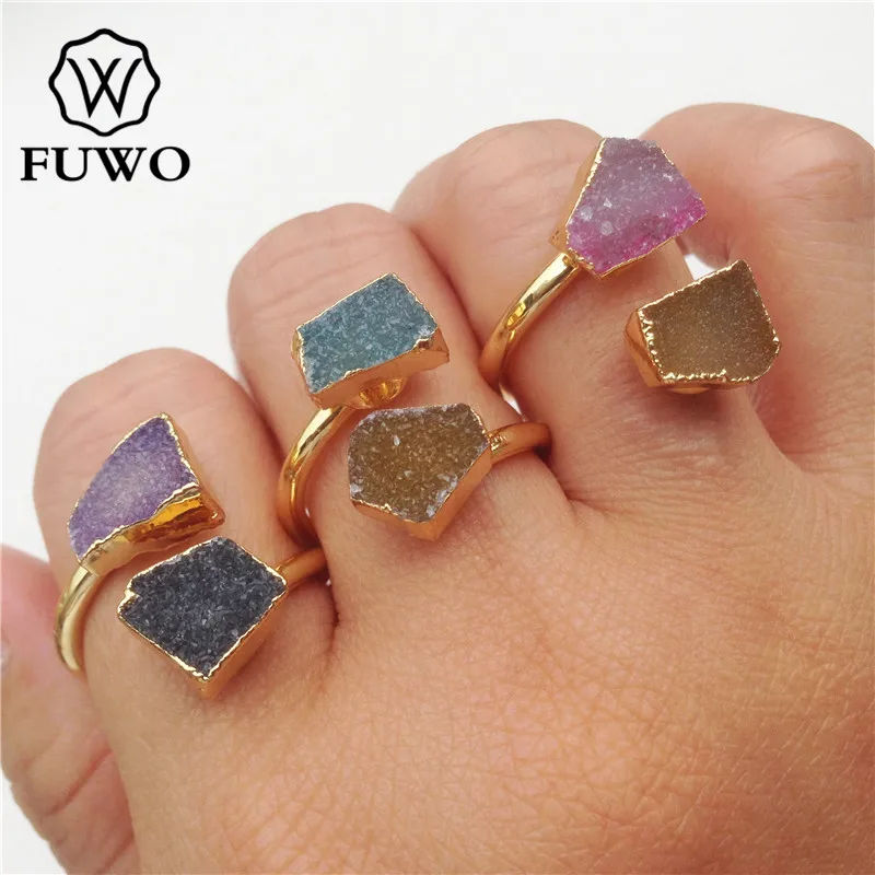 FUWO Необычное кольцо с двумя камнями Druzy с покрытием 24K золотом в минималистичном дизайне Raw для женщин, регулируемый размер RG016.