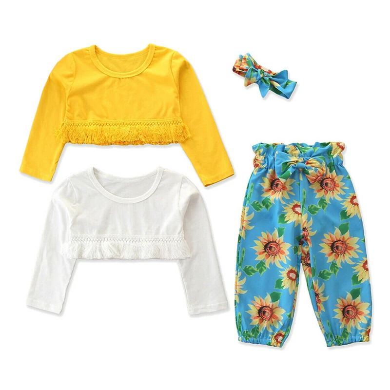 Новая одежда для маленьких девочек комплект из 4 предметов футболка с принтом Tassle