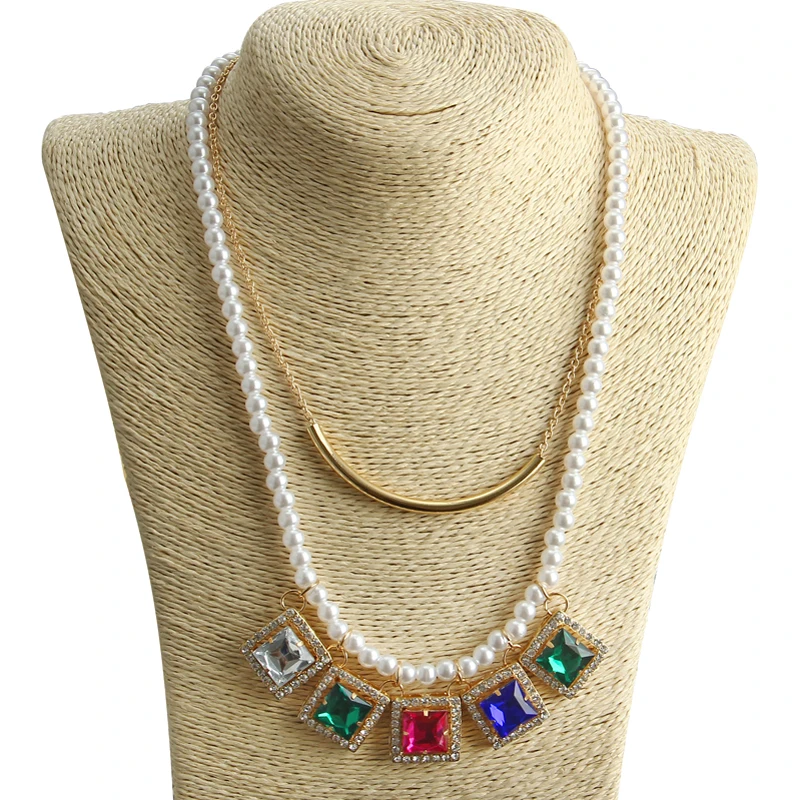 Wholesale Jewelry Imitation Pearl Chain Square Colorful Crystal Pendant Gold Color Clavicle Choker Statement Necklace For Women | Украшения