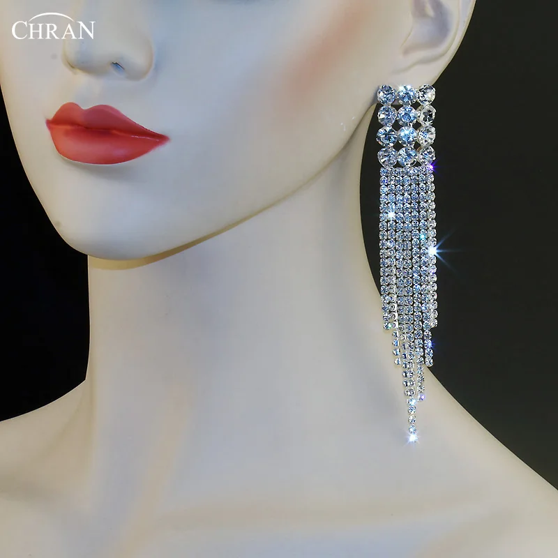 Chran Посеребренная Кристалл Rhinestone люстра серьги длинные Ленточки Серьги Jewelry