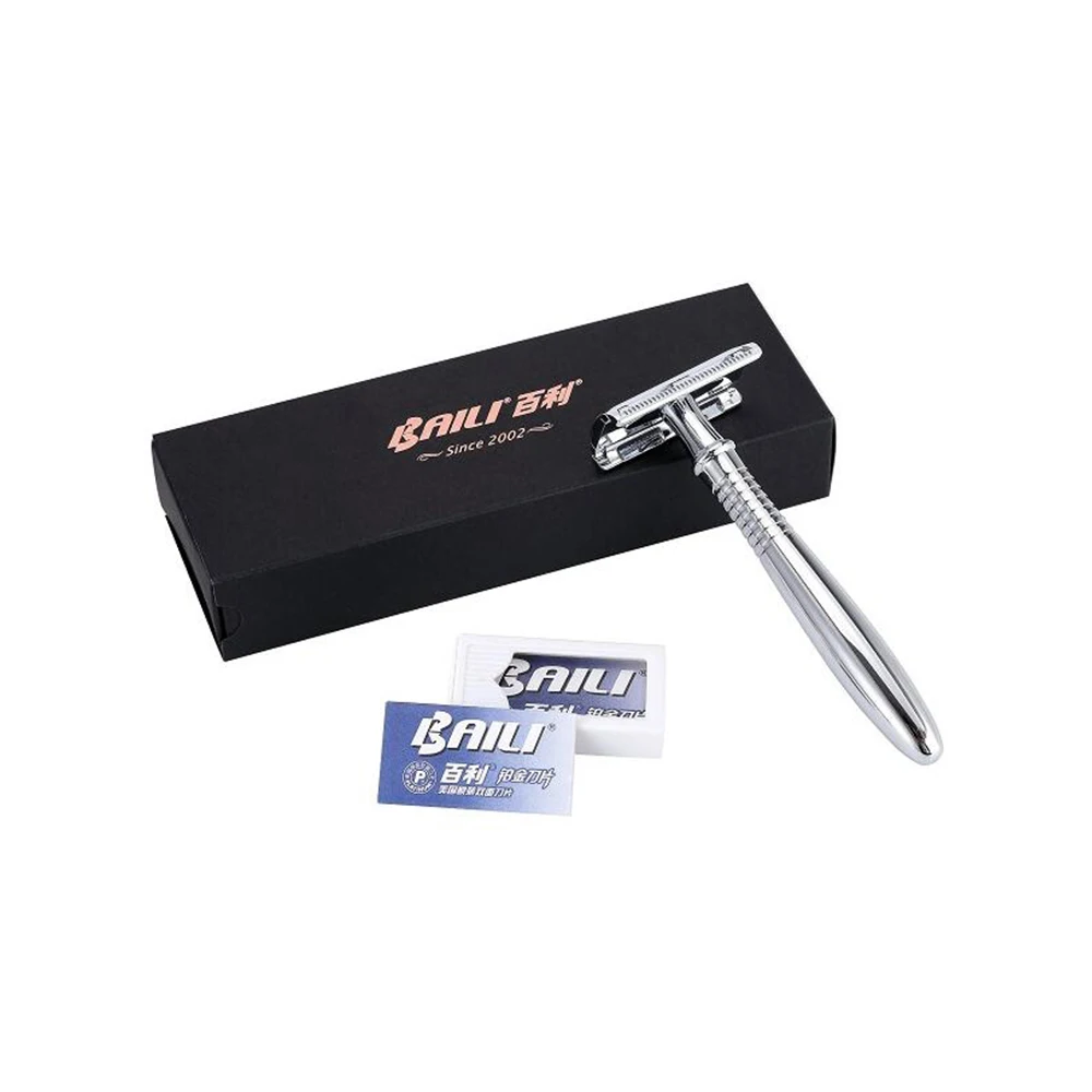 BAILI Manual Chrome Long Handle Men's Barber Shaving Safety Blade Razor Classic Stainless Shaver with 5 blades and case | Красота и