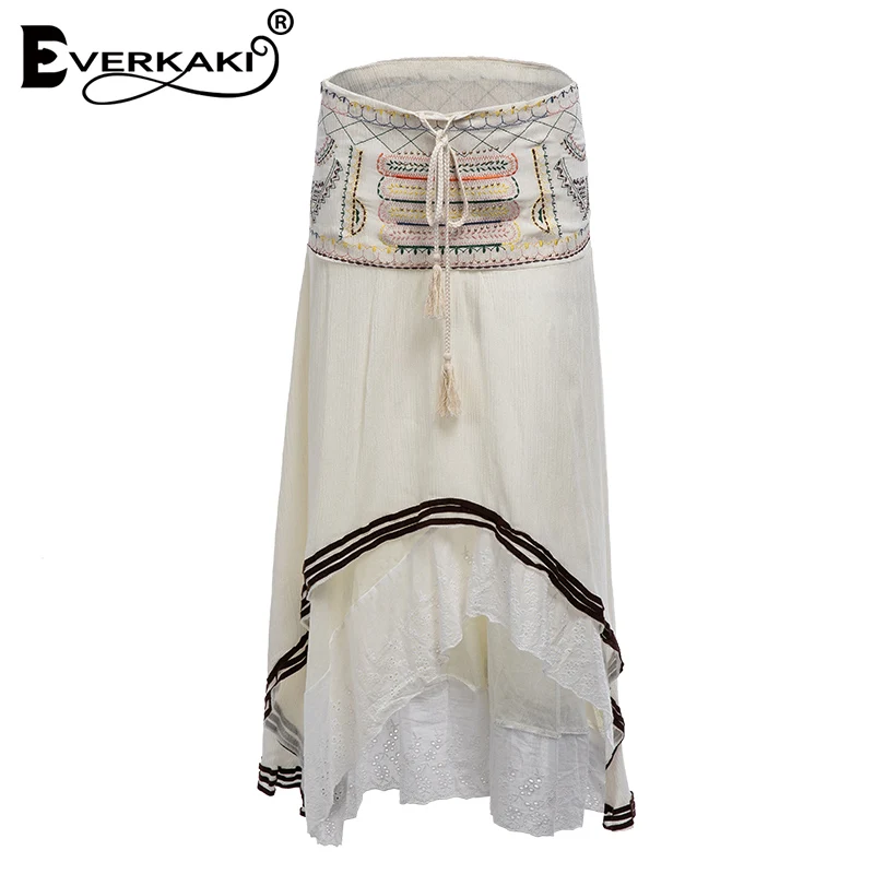 beige Everkaki богемная вышивка женская Цыганская летняя юбка хлопок на шнуровке пляжные длинные юбки Бохо женская повседневная юбка Новинка - Цвет: beige